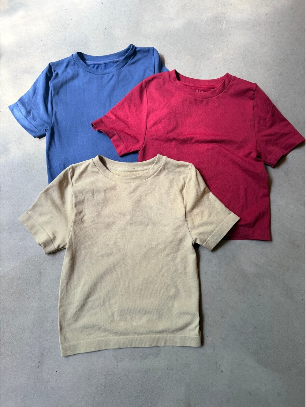Seamless Stretch Fitted Crewneck Tees Set of 3 in Blue, Burgundy, and Beige
